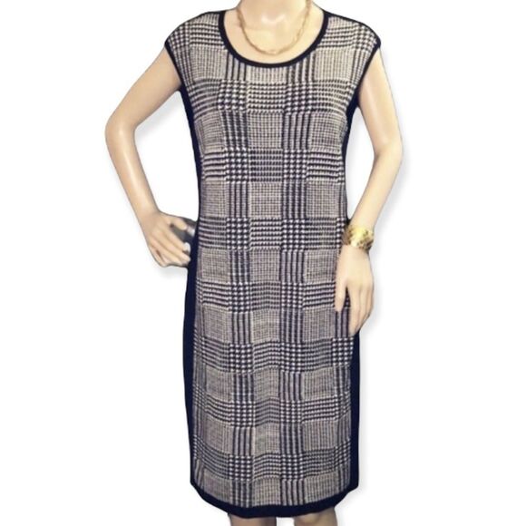 Vince Camuto Shift Sweater Dress B&W Check Pattern L - Picture 1 of 10